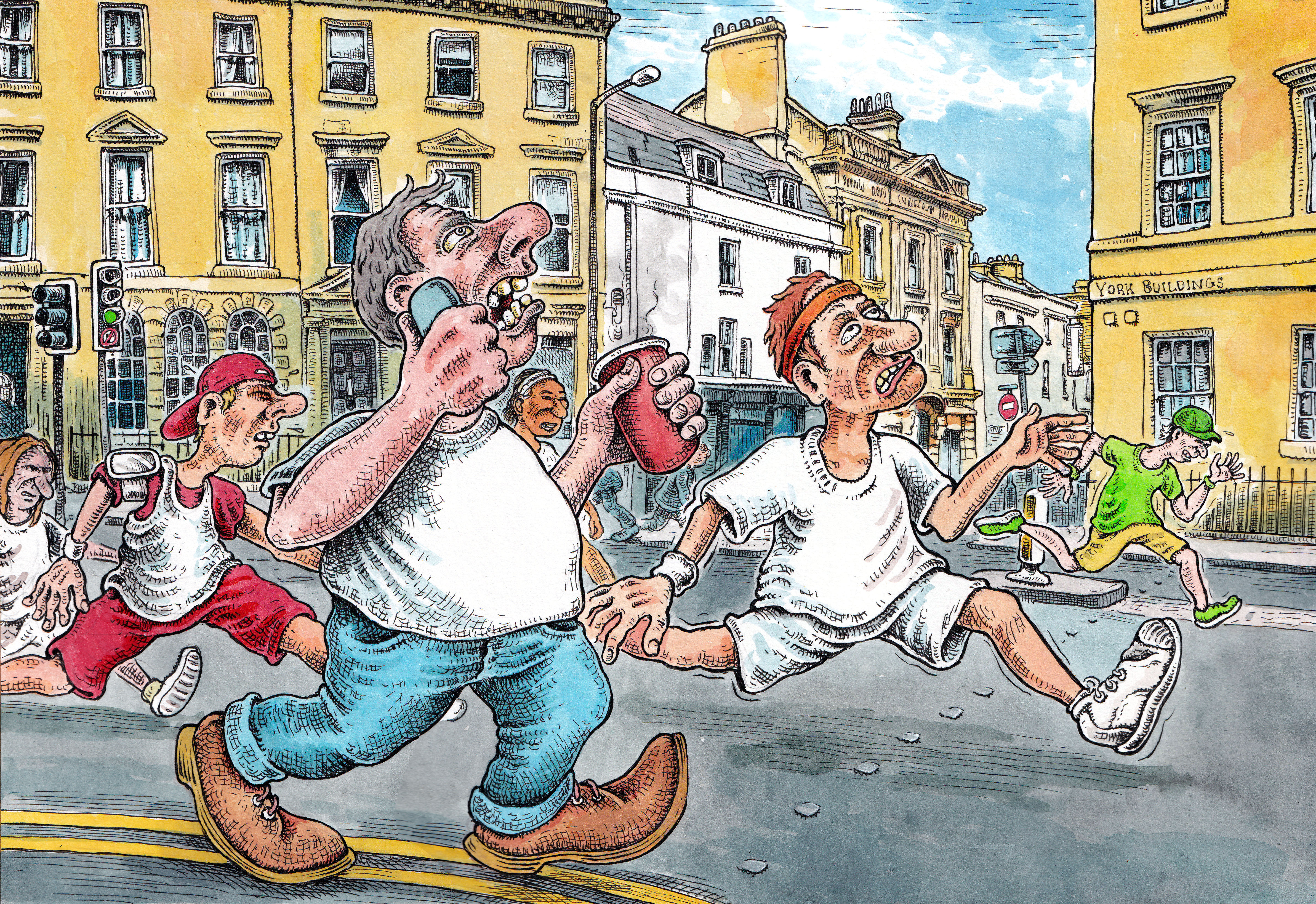 Perry Harris: Busy Bodies A cartoon image of men running through Bath