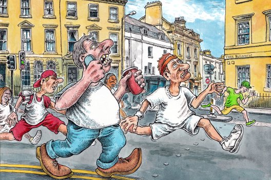 Perry Harris: Busy Bodies A cartoon image of men running through Bath